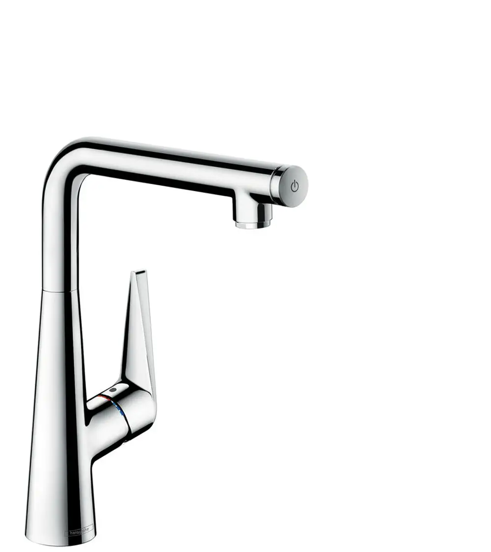 Küchenmischer von Hansgrohe mit verchromter Oberfläche. Der hebelbediente Auslauf ist gerade und hat einen eingebauten Auslass für Wasser. Minimalistisches Design.